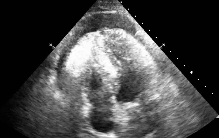 Apical echocardiogram with pericardial fluid outside the heart apex